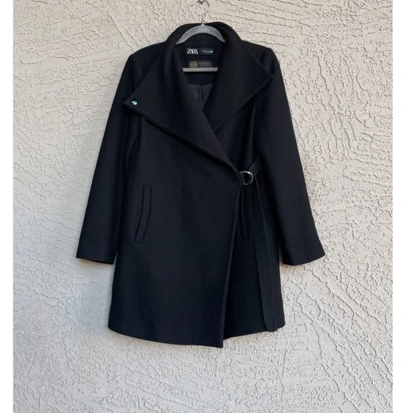 ZARA MANTECO Italian Luxury Wool Black Asymmetrical Belted Jacket Colins Coat M - Picture 12 of 16